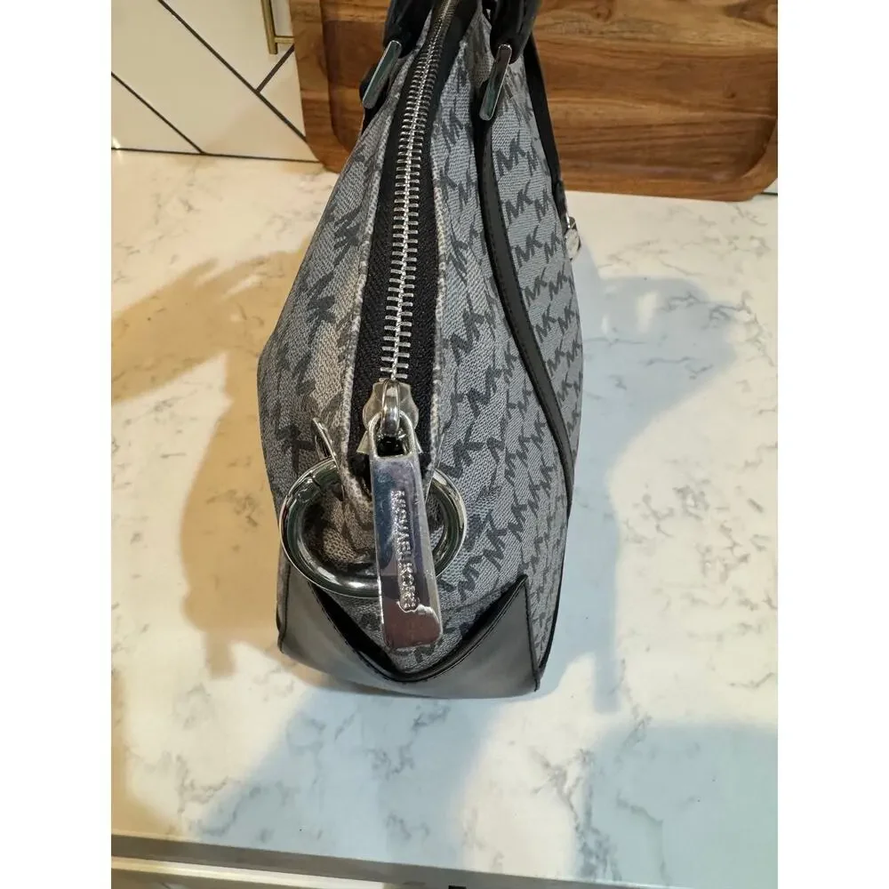 Michael Kors Monogram MK Logo Large Satchel Purse gray black w/bag charm 2018
